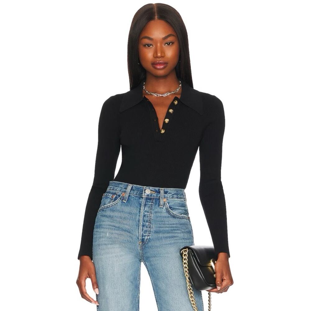 NWT One Grey Day Misto Black Ribbed Partial Button Collared Long Sleeve Bodysuit